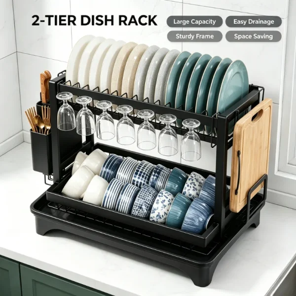 2-Tier Rustproof Metal Dish Drying Rack with Drainboard