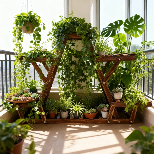6-Tier Triangular Carbonized Wood Plant Stand for Corner Displa
