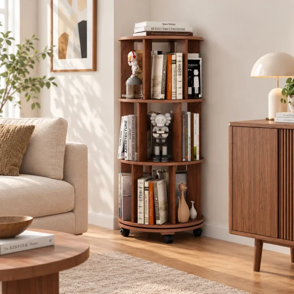 Walnut Wood 360° Rotating Bookshelf with Wheels