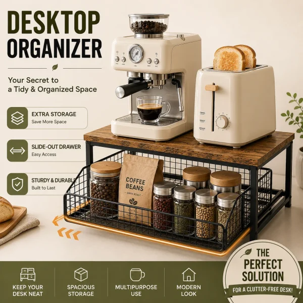 Pull Out Kitchen Counter Organizer with Sliding Wire Basket