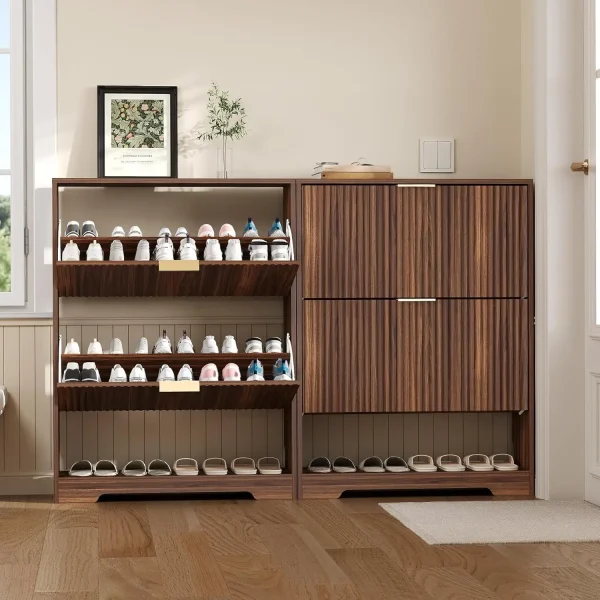 Slim Fluted Shoe Cabinet with 2 Flip Drawers & Open Storage
