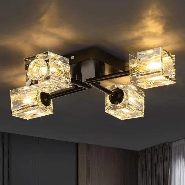 4-Light Matte Black Crystal Semi Flush Mount Ceiling Light