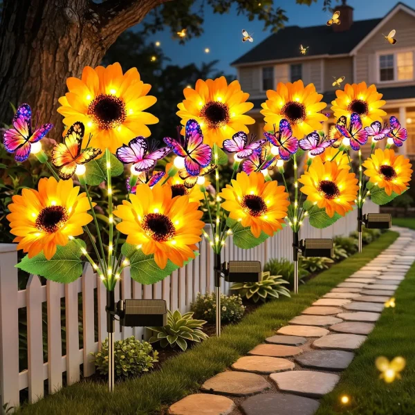 Outdoor Waterproof Solar Sunflower Lights with Butterflies (4-Pack)