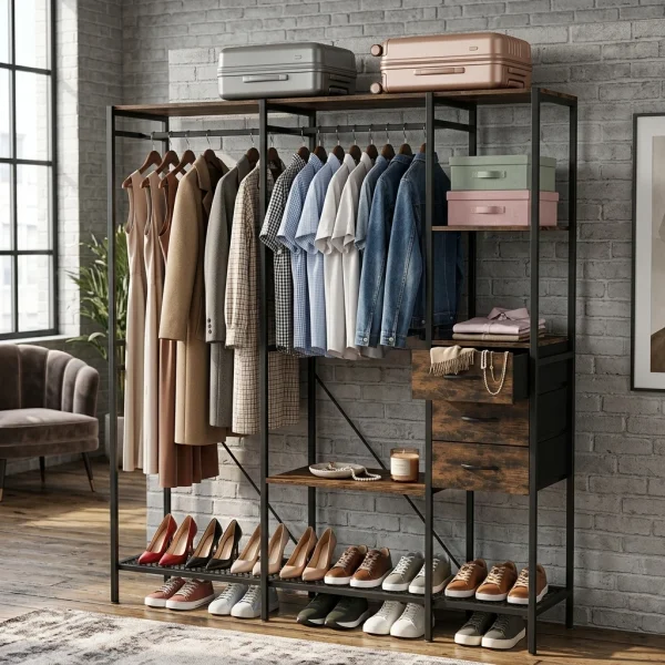 Industrial Freestanding Clothes Rack with 3 Fabric Drawers and Storage Shelves