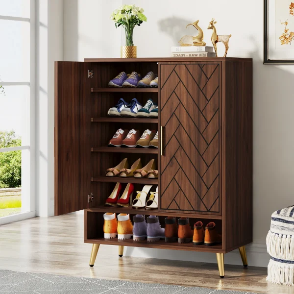 6-Tier Walnut Wooden Shoe Cabinet with Doors and Adjustable Shelves