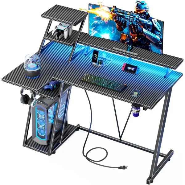 39-Inch Small L-Shaped Gaming Computer Desk with LED & Outlets