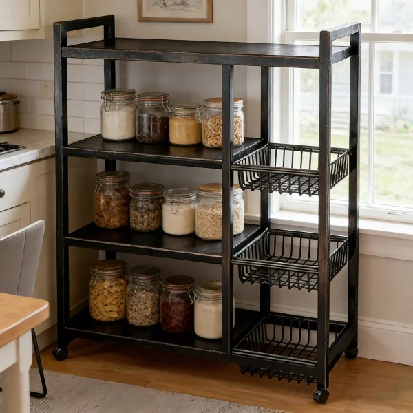 4-Tier Metal Rolling Storage Cart with 3 Baskets & Shelves