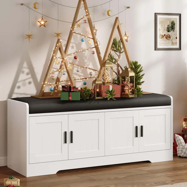 45" Storage Bench with Padded Cushion and 4-Door Hidden Shoe Cabinet