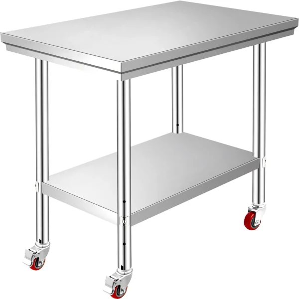 Stainless Steel Commercial Kitchen Worktable with Caster Wheels & Storage Shelf